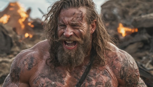 solo,long hair,smile,open mouth,brown hair,1boy,closed eyes,upper body,male focus,outdoors,teeth,medium hair,blurry,tattoo,muscular,blurry background,facial hair,scar,fire,facing viewer,beard,scar on face,topless male,realistic,mustache,looking at viewer,day,depth of field,messy hair,manly,chest hair,photo background