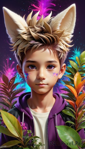 solo,looking at viewer,smile,short hair,blonde hair,brown hair,shirt,1boy,animal ears,brown eyes,closed mouth,jacket,white shirt,upper body,flower,male focus,open clothes,artist name,cat ears,hood,open jacket,lips,fox ears,hoodie,leaf,hood down,plant,star (sky),hooded jacket,extra ears,freckles,drawstring,male child,paint splatter,child,portrait,realistic,paint