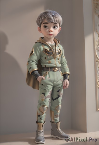 solo,looking at viewer,short hair,brown hair,1boy,brown eyes,jewelry,closed mouth,standing,jacket,full body,grey hair,male focus,boots,shoes,belt,pants,cape,lips,military,shadow,child,hand in pocket,male child,knee pads,camouflage,hood,hoodie,camouflage pants