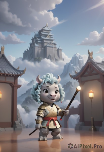 solo,smile,1boy,holding,animal ears,blue hair,standing,full body,weapon,male focus,outdoors,japanese clothes,horns,sky,day,cloud,armor,black eyes,blue sky,cloudy sky,staff,building,furry,curly hair,lantern,mountain,holding staff,furry male,architecture,east asian architecture,statue,open mouth,jewelry,teeth,furry female,white fur