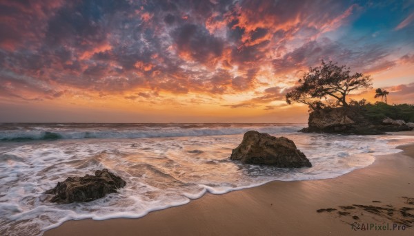 outdoors,sky,cloud,water,tree,no humans,ocean,beach,cloudy sky,scenery,sunset,rock,sand,horizon,silhouette,waves,shore,orange sky,footprints,palm tree,evening