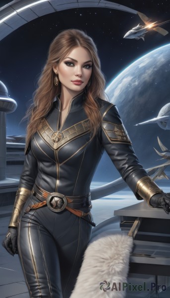 1girl,solo,long hair,breasts,looking at viewer,smile,brown hair,gloves,brown eyes,jewelry,medium breasts,earrings,sky,black gloves,belt,lips,fur trim,bodysuit,makeup,moon,lipstick,star (sky),skin tight,starry sky,science fiction,realistic,aircraft,nose,black bodysuit,red lips,space,bracer,leather,planet,earth (planet),spacecraft,standing