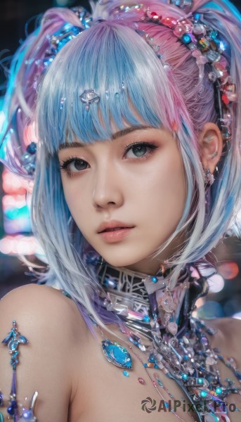 1girl,solo,breasts,looking at viewer,short hair,bangs,hair ornament,bare shoulders,twintails,jewelry,blue hair,upper body,pink hair,multicolored hair,earrings,parted lips,choker,blunt bangs,necklace,blurry,black eyes,lips,grey eyes,eyelashes,blurry background,piercing,gem,ear piercing,portrait,realistic,nose,long hair,cleavage,sidelocks,shiny,artist name,two-tone hair,gradient hair,makeup,watermark,close-up,pink lips