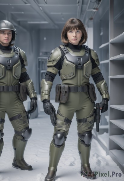 1girl,looking at viewer,short hair,blue eyes,multiple girls,brown hair,black hair,gloves,holding,2girls,brown eyes,standing,full body,weapon,boots,belt,indoors,holding weapon,armor,uniform,lips,gun,military,military uniform,bob cut,helmet,holding gun,handgun,science fiction,pouch,realistic,pilot suit,holster,knee pads,hallway,soldier,bulletproof vest,vest,mecha,dirty,pilot