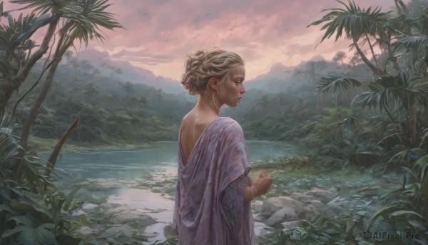 1girl,solo,blue eyes,blonde hair,upper body,braid,outdoors,sky,cloud,water,hair bun,from behind,tree,lips,wet,profile,back,looking away,single hair bun,own hands together,grass,plant,nature,scenery,forest,sunset,robe,rock,mountain,realistic,river,landscape,lake,short hair,dress,jewelry,looking back,bracelet,cloudy sky