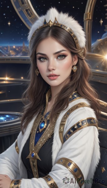 1girl,solo,long hair,looking at viewer,brown hair,long sleeves,dress,brown eyes,jewelry,upper body,earrings,parted lips,sky,necklace,bracelet,lips,fur trim,eyelashes,night,crown,gem,star (sky),night sky,starry sky,gold trim,realistic,nose,headdress,bangs,yellow eyes,parted bangs,makeup,tiara