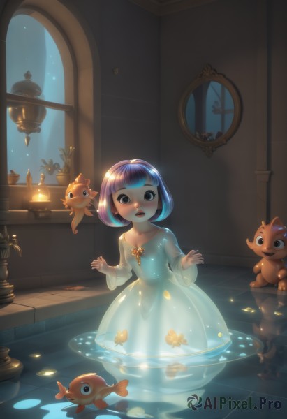 1girl,solo,looking at viewer,blush,short hair,open mouth,bangs,long sleeves,dress,blue hair,standing,purple hair,multicolored hair,hairband,teeth,indoors,blunt bangs,water,white dress,black eyes,see-through,window,night,bob cut,plant,child,wading,personification,reflection,fish,tiles,candle,ripples,goldfish,blue eyes,brown eyes,sky,watermark,night sky,web address,partially submerged