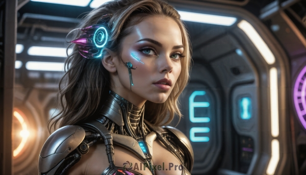 HQ,1girl,solo,long hair,breasts,looking at viewer,blue eyes,brown hair,cleavage,upper body,parted lips,blurry,lips,makeup,glowing,headgear,portrait,forehead,eyeshadow,science fiction,realistic,nose,eyeliner,cyborg,cyberpunk,black hair,medium breasts,green eyes,aqua eyes,eyelashes,bodysuit,facial mark,lipstick,close-up,cable,hair pulled back,mascara,hologram