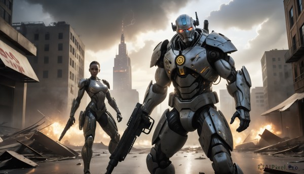 HQ,1girl,short hair,brown hair,1boy,holding,standing,weapon,outdoors,sky,cloud,dark skin,holding weapon,armor,gun,bodysuit,glowing,helmet,cloudy sky,fire,robot,building,holding gun,mecha,glowing eyes,rifle,smoke,science fiction,city,realistic,assault rifle,ruins,damaged,lightning,power armor,power suit,looking at viewer,red eyes,handgun,dual wielding,military vehicle,submachine gun,arm blade