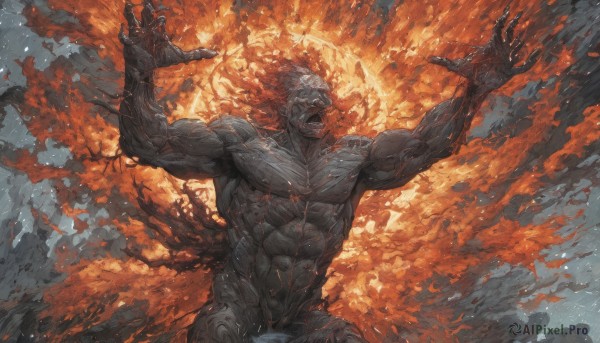 solo,looking at viewer,open mouth,1boy,navel,male focus,nude,teeth,arms up,completely nude,muscular,glowing,colored skin,abs,fire,pectorals,sharp teeth,muscular male,glowing eyes,veins,grey skin,extra arms,embers,burning,short hair,nipples,white hair,cape,torn clothes,facial hair,scar,beard,manly