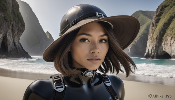 1girl,solo,looking at viewer,smile,short hair,brown hair,hat,brown eyes,upper body,outdoors,sky,day,medium hair,water,lips,looking to the side,bodysuit,ocean,beach,backpack,helmet,portrait,freckles,mountain,realistic,nose,sand,shore,closed mouth,scenery