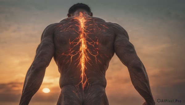 solo,short hair,black hair,1boy,ass,male focus,nude,outdoors,sky,cloud,dark skin,from behind,completely nude,muscular,back,dark-skinned male,muscular male,bara,veins,sunset,realistic,arms at sides,sun,facing away,median furrow,upper body,glowing,cloudy sky,topless male,orange sky