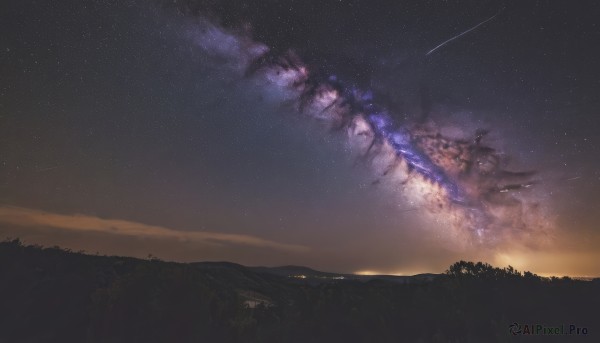 outdoors,sky,cloud,tree,no humans,night,grass,star (sky),nature,night sky,scenery,forest,starry sky,sunset,landscape,shooting star,dark,milky way