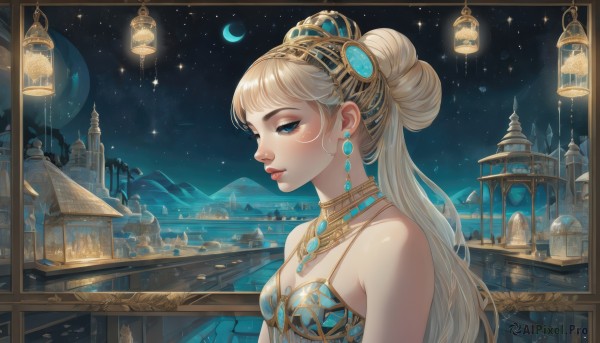 1girl,solo,long hair,breasts,bangs,blue eyes,blonde hair,hair ornament,dress,cleavage,bare shoulders,jewelry,closed mouth,upper body,earrings,small breasts,outdoors,sky,necklace,hair bun,lips,eyelashes,window,night,moon,single hair bun,crescent,building,gem,star (sky),night sky,scenery,starry sky,mountain,city,nose,fantasy,railing,crescent moon,balcony,ponytail,braid,hairband,choker,artist name,water,from side,profile,makeup,half-closed eyes,lipstick,gold trim,crystal,lantern,red lips,watercraft,tower,boat