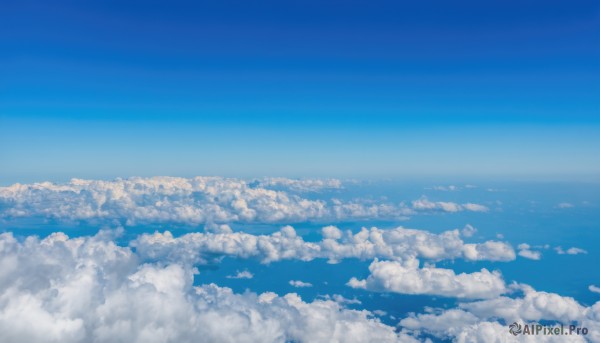 monochrome,outdoors,sky,day,cloud,blue sky,no humans,ocean,cloudy sky,scenery,blue theme,horizon,cityscape,landscape,above clouds,water