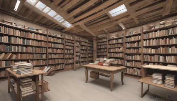 indoors,book,no humans,window,shadow,chair,table,sunlight,scenery,wooden floor,bookshelf,shelf,book stack,library,ceiling,ladder,ceiling light,day