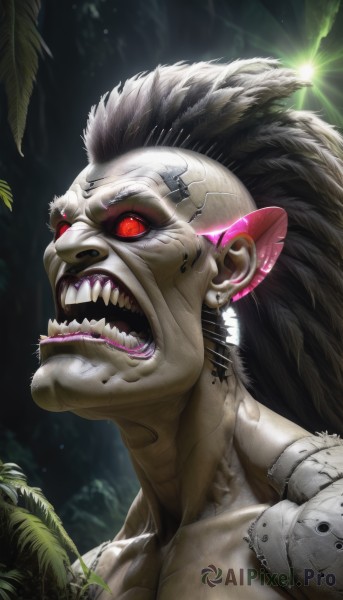 solo,open mouth,black hair,red eyes,1boy,jewelry,male focus,earrings,teeth,no humans,glowing,fangs,sharp teeth,glowing eyes,science fiction,veins,cyborg,mohawk,cyberpunk,long hair,upper body,white hair,tongue,artist name,tongue out,colored skin,portrait,topless male,realistic,horror (theme)