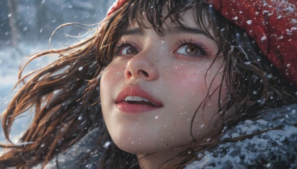 1girl,solo,long hair,looking at viewer,open mouth,bangs,brown hair,hat,brown eyes,outdoors,parted lips,teeth,mole,blurry,tree,lips,eyelashes,floating hair,wind,portrait,red headwear,snow,close-up,freckles,snowing,realistic,nose,beanie,winter,black hair,sky,day,hood,blurry background,upper teeth only,red lips