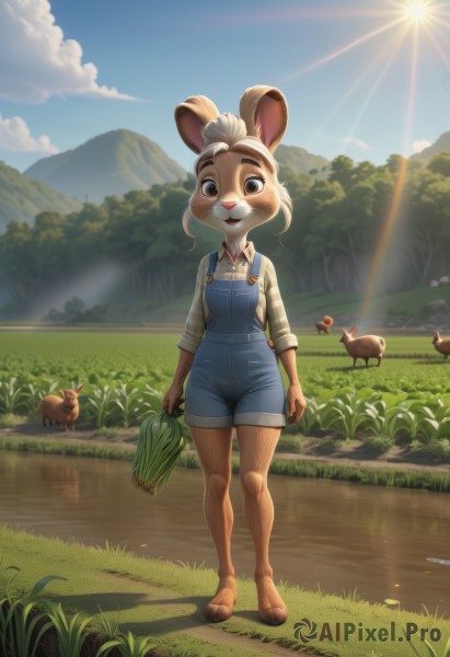 1girl,solo,breasts,looking at viewer,blush,smile,open mouth,bangs,blue eyes,blonde hair,shirt,long sleeves,holding,animal ears,standing,tail,full body,white shirt,small breasts,outdoors,sky,barefoot,teeth,day,shiny,collared shirt,artist name,cloud,signature,water,black eyes,shiny hair,flat chest,tree,blue sky,plaid,buttons,watermark,happy,sunlight,grass,nature,furry,sleeves rolled up,freckles,reflection,walking,pocket,light rays,mountain,furry female,sun,bush,overalls,carrot,body fur,white fur,straight-on,dirty,plaid shirt,animal nose,river,topknot,mountainous horizon,snout,puddle,brown fur,deer ears,hooves,buck teeth,brown eyes,flower,rabbit ears,upper teeth only,web address,rabbit,rabbit girl,basket,sleeves pushed up,lake,path,dirty feet