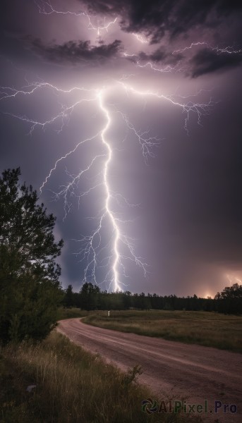 outdoors,sky,cloud,tree,no humans,night,cloudy sky,grass,nature,scenery,forest,sunset,electricity,road,lightning,landscape,path,field