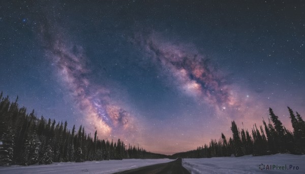 outdoors,sky,cloud,tree,no humans,night,star (sky),nature,night sky,scenery,snow,forest,starry sky,road,winter,pine tree,milky way,snowing,mountain,landscape