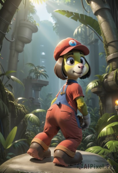 mario,1girl,solo,smile,short hair,bangs,brown hair,shirt,gloves,1boy,hat,holding,animal ears,brown eyes,closed mouth,standing,tail,full body,short sleeves,male focus,boots,outdoors,shoes,day,looking back,pants,artist name,white gloves,signature,from behind,flat chest,tree,leaf,watermark,brown footwear,happy,sunlight,grass,plant,red shirt,dog ears,nature,red headwear,furry,backlighting,walking,pocket,light rays,furry female,overalls,furry male,sunbeam,ruins,vines,dirty,grey gloves,animal nose,pillar,blue overalls,ivy,ass,black eyes,cosplay,colored skin,dirty face,moss,overgrown