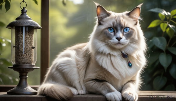 HQ,looking at viewer,blue eyes,jewelry,sitting,indoors,necklace,blurry,no humans,window,depth of field,blurry background,animal,leaf,cat,plant,brooch,gem,pendant,lantern,realistic,animal focus,blue gemstone,solo,closed mouth,outdoors,signature,white fur,whiskers,foliage