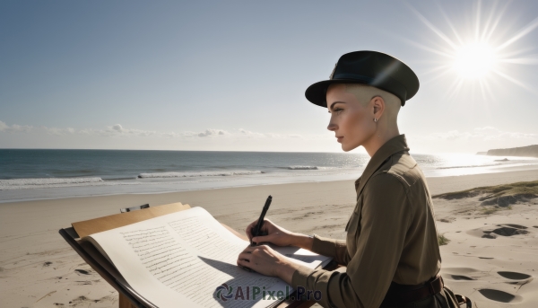 1girl,solo,short hair,blonde hair,shirt,long sleeves,hat,holding,jewelry,sitting,upper body,earrings,outdoors,sky,day,collared shirt,belt,cloud,from side,black headwear,profile,ocean,chair,beach,table,sunlight,scenery,paper,sand,sun,horizon,pen,stud earrings,very short hair,pencil,drawing,holding pen,shore,writing,water,lips,military,realistic,nose