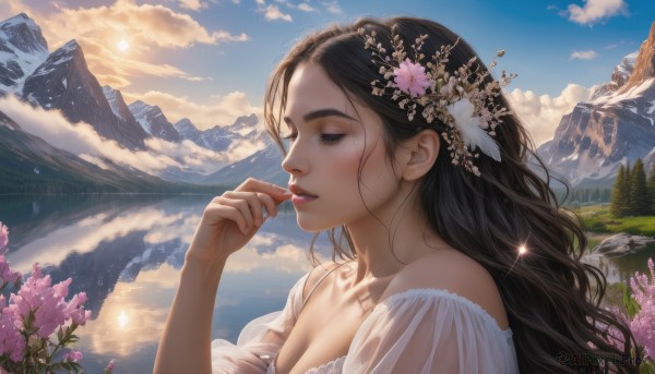 1girl, solo, long hair, breasts, brown hair, black hair, hair ornament, cleavage, bare shoulders, jewelry, closed eyes, flower, earrings, outdoors, parted lips, sky, cloud, hair flower, lips, mountain, sun