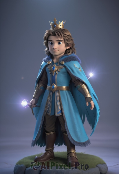 solo,bangs,blue eyes,brown hair,gloves,long sleeves,1boy,holding,brown eyes,closed mouth,standing,full body,male focus,boots,black gloves,belt,pants,artist name,fingerless gloves,medium hair,cape,fur trim,glowing,brown footwear,black pants,grass,crown,wand,brown pants,blue cape,facial hair,watermark,aged down,genderswap (ftm),scepter