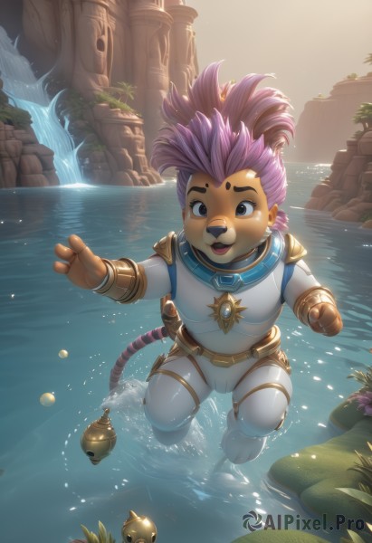 1girl,solo,long hair,looking at viewer,smile,open mouth,1boy,animal ears,jewelry,tail,full body,pink hair,purple hair,male focus,earrings,outdoors,teeth,artist name,tears,signature,dark skin,water,armor,black eyes,bodysuit,cameltoe,thick eyebrows,crying,plant,furry,wading,furry female,bracer,furry male,body fur,ripples,white bodysuit,animal nose,waterfall,lily pad,monkey tail,multicolored hair,sky,belt,two-tone hair,tree,leaf,spiked hair,rock,mohawk,dreadlocks