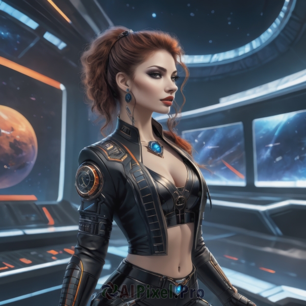 1girl,solo,long hair,breasts,blue eyes,brown hair,gloves,navel,cleavage,jewelry,medium breasts,jacket,ponytail,earrings,open clothes,midriff,belt,pants,necklace,open jacket,lips,black jacket,crop top,makeup,black pants,lipstick,pendant,eyeshadow,cropped jacket,science fiction,realistic,nose,red lips,eyeliner,space,leather,planet,hair pulled back,earth (planet),looking at viewer,long sleeves,brown eyes,closed mouth,underwear,standing,collarbone,cowboy shot,artist name,signature,stomach,eyelashes,window,watermark,wavy hair,moon,brooch,ground vehicle,motor vehicle,zipper,curly hair