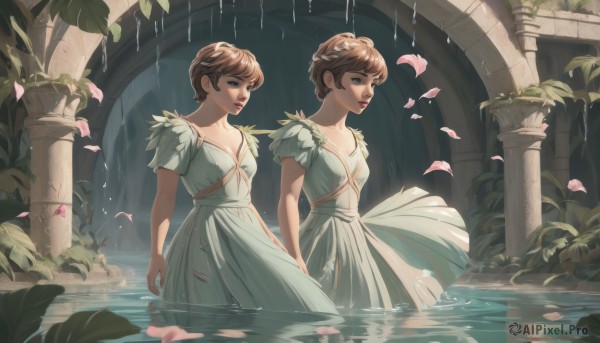 breasts,looking at viewer,short hair,bangs,multiple girls,brown hair,dress,2girls,cleavage,brown eyes,closed mouth,standing,collarbone,braid,short sleeves,small breasts,parted lips,water,white dress,lips,petals,siblings,leaf,looking away,plant,sisters,wind,wading,dual persona,twins,arms at sides,red lips,crown braid,ripples,pillar,lily pad,arch,column,petals on liquid,blue eyes,medium breasts,outdoors,makeup,lipstick,rain,ruins,vines