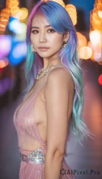 1girl,solo,long hair,breasts,looking at viewer,dress,bare shoulders,brown eyes,jewelry,medium breasts,closed mouth,blue hair,upper body,pink hair,purple hair,multicolored hair,earrings,small breasts,sleeveless,belt,necklace,blurry,from side,two-tone hair,lips,looking to the side,sideboob,gradient hair,makeup,sleeveless dress,depth of field,blurry background,gem,pink dress,realistic,nose,bokeh,pearl necklace,bangs,artist name,parted bangs,watermark,eyeshadow