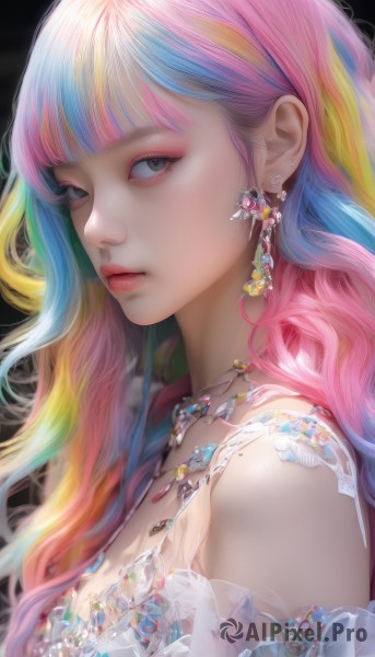 1girl,solo,long hair,breasts,looking at viewer,bangs,blonde hair,simple background,bare shoulders,jewelry,closed mouth,blue hair,upper body,pink hair,multicolored hair,earrings,blunt bangs,necklace,mole,black eyes,from side,two-tone hair,lips,looking to the side,grey eyes,gradient hair,makeup,black background,gem,portrait,eyeshadow,freckles,realistic,nose,rainbow hair,eyelashes,wavy hair,expressionless,crystal,eyeliner,mascara