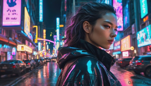 1girl, solo, black hair, jacket, upper body, outdoors, dark skin, blurry, from side, dark-skinned female, lips, black jacket, makeup, night, blurry background, ground vehicle, motor vehicle, city, realistic, nose, car, road, leather jacket, city lights, cyberpunk, neon lights