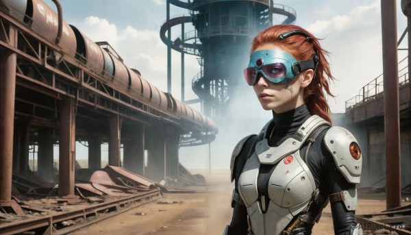 HQ,1girl,solo,long hair,breasts,brown hair,upper body,red hair,outdoors,sky,day,cloud,orange hair,armor,lips,bodysuit,goggles,science fiction,goggles on head,realistic,nose,blue eyes,ponytail,ruins,tinted eyewear,cyborg,dirty,cyberpunk