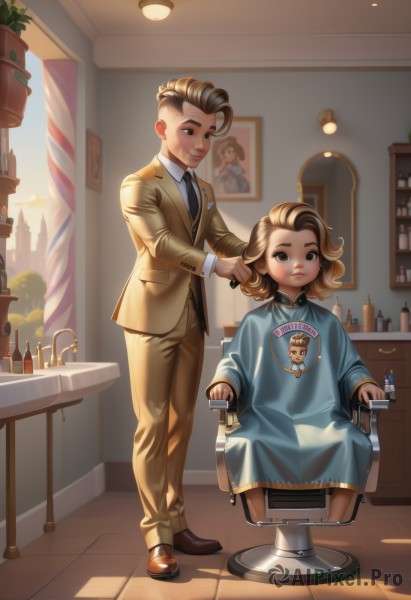 1girl,smile,short hair,blonde hair,brown hair,shirt,long sleeves,1boy,dress,jewelry,sitting,standing,jacket,white shirt,necktie,shoes,pants,indoors,necklace,black eyes,siblings,chair,brown footwear,formal,bottle,suit,child,black necktie,mirror,brother and sister,female child,brown pants,stool,looking at viewer,brown eyes,full body,artist name,shadow,sunlight,curly hair,lamp,comb,brushing hair