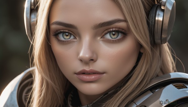 1girl,solo,long hair,looking at viewer,blonde hair,brown eyes,parted lips,artist name,armor,blurry,lips,eyelashes,depth of field,blurry background,headphones,portrait,close-up,forehead,headset,freckles,science fiction,realistic,nose,green eyes,teeth