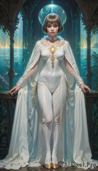 1girl,solo,breasts,looking at viewer,short hair,bangs,brown hair,dress,brown eyes,jewelry,medium breasts,closed mouth,standing,full body,water,cape,white dress,lips,bodysuit,covered navel,makeup,moon,bob cut,plant,lipstick,skin tight,red lips,white cape,white bodysuit,planet,long sleeves,boots,parted lips,indoors,blunt bangs,see-through,detached collar,cameltoe,thigh gap,white footwear,pillar