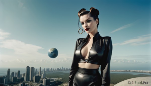 1girl,solo,breasts,looking at viewer,short hair,black hair,cleavage,jewelry,medium breasts,jacket,earrings,outdoors,sky,day,midriff,pants,cloud,hair bun,blue sky,lips,double bun,makeup,ocean,black pants,lipstick,scenery,hoop earrings,city,realistic,horizon,red lips,cityscape,leather,planet,landscape,earth (planet),skyline