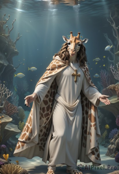 1girl,solo,long hair,brown hair,long sleeves,1boy,jewelry,standing,full body,male focus,barefoot,necklace,cape,mask,sunlight,cross,crown,cloak,fish,robe,light rays,underwater,air bubble,sunbeam,cross necklace,mushroom,covered eyes,white robe,coral,looking at viewer,dress,animal ears,water,white dress,black nails,bubble