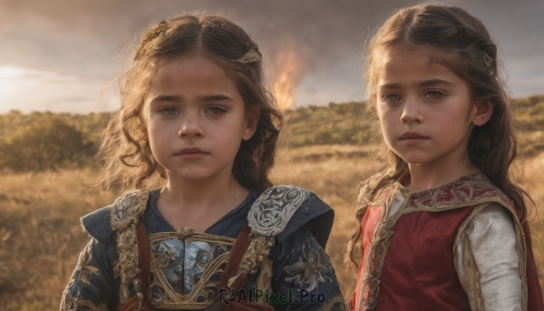 long hair,looking at viewer,multiple girls,brown hair,2girls,brown eyes,closed mouth,upper body,outdoors,sky,day,cloud,medium hair,armor,blurry,lips,blurry background,siblings,wavy hair,expressionless,sisters,child,curly hair,realistic,blue eyes,blonde hair,cape,tree,grey eyes,sunlight,freckles,female child