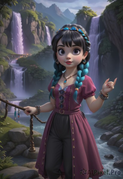 1girl,solo,long hair,breasts,looking at viewer,blush,smile,bangs,black hair,hair ornament,dress,holding,cleavage,jewelry,blue hair,standing,collarbone,braid,short sleeves,multicolored hair,earrings,small breasts,outdoors,parted lips,sky,day,puffy sleeves,pants,artist name,cloud,hand up,signature,water,necklace,nail polish,black eyes,twin braids,bracelet,two-tone hair,tree,puffy short sleeves,lips,fingernails,grey eyes,eyelashes,aqua hair,gradient hair,makeup,night,feet out of frame,watermark,black pants,red dress,cloudy sky,grass,tiara,crown,lipstick,staff,gem,child,nature,scenery,hair over shoulder,red nails,web address,purple dress,pendant,freckles,hoop earrings,rock,mountain,fantasy,holding staff,red lips,female child,bangle,river,waterfall,mountainous horizon,lake,stream,brown eyes,cliff,pond