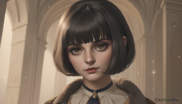 1girl,solo,looking at viewer,short hair,bangs,black hair,brown eyes,closed mouth,artist name,indoors,blunt bangs,lips,fur trim,eyelashes,makeup,bob cut,lipstick,portrait,light particles,red lips,pillar,brown hair,nose