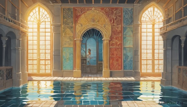 1girl,solo,long hair,brown hair,dress,standing,indoors,water,window,bird,sunlight,scenery,reflection,stairs,fantasy,door,light,architecture,wide shot,pillar,stained glass,church,arch,reflective floor,column,skirt,shirt,holding,sitting,white shirt,barefoot,blue skirt,book,library