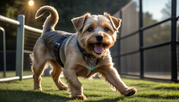 HQ,solo,looking at viewer,blue eyes,tail,full body,outdoors,day,tongue,tongue out,blurry,collar,no humans,depth of field,blurry background,animal,sunlight,grass,building,dog,realistic,fence,sun,animal focus,animal collar,open mouth,jewelry,standing,belt,necklace,tree,window,pendant