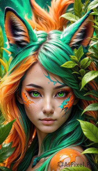 1girl,solo,long hair,looking at viewer,bangs,animal ears,jewelry,closed mouth,green eyes,tail,multicolored hair,green hair,artist name,dark skin,necklace,orange hair,two-tone hair,dark-skinned female,lips,animal ear fluff,fox ears,eyelashes,tattoo,gradient hair,makeup,fox tail,leaf,watermark,facial mark,plant,slit pupils,fox girl,portrait,eyeshadow,freckles,nose,eyeliner,mascara,hair ornament,aqua hair,web address