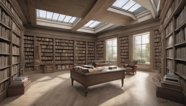 sky,day,cloud,indoors,tree,book,no humans,window,shadow,chair,table,sunlight,plant,scenery,desk,wooden floor,paper,bookshelf,shelf,book stack,library,ladder