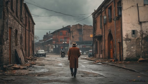 black hair,1boy,hat,male focus,outdoors,multiple boys,sky,day,pants,cloud,2boys,from behind,coat,black headwear,cloudy sky,ground vehicle,building,scenery,motor vehicle,walking,city,car,road,power lines,lamppost,street,utility pole,trench coat,grey sky,standing,bag,sign,debris,alley,rubble